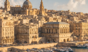 Create an image showcasing the romantic charm of Valletta, Malta, highlighting its beautiful architecture