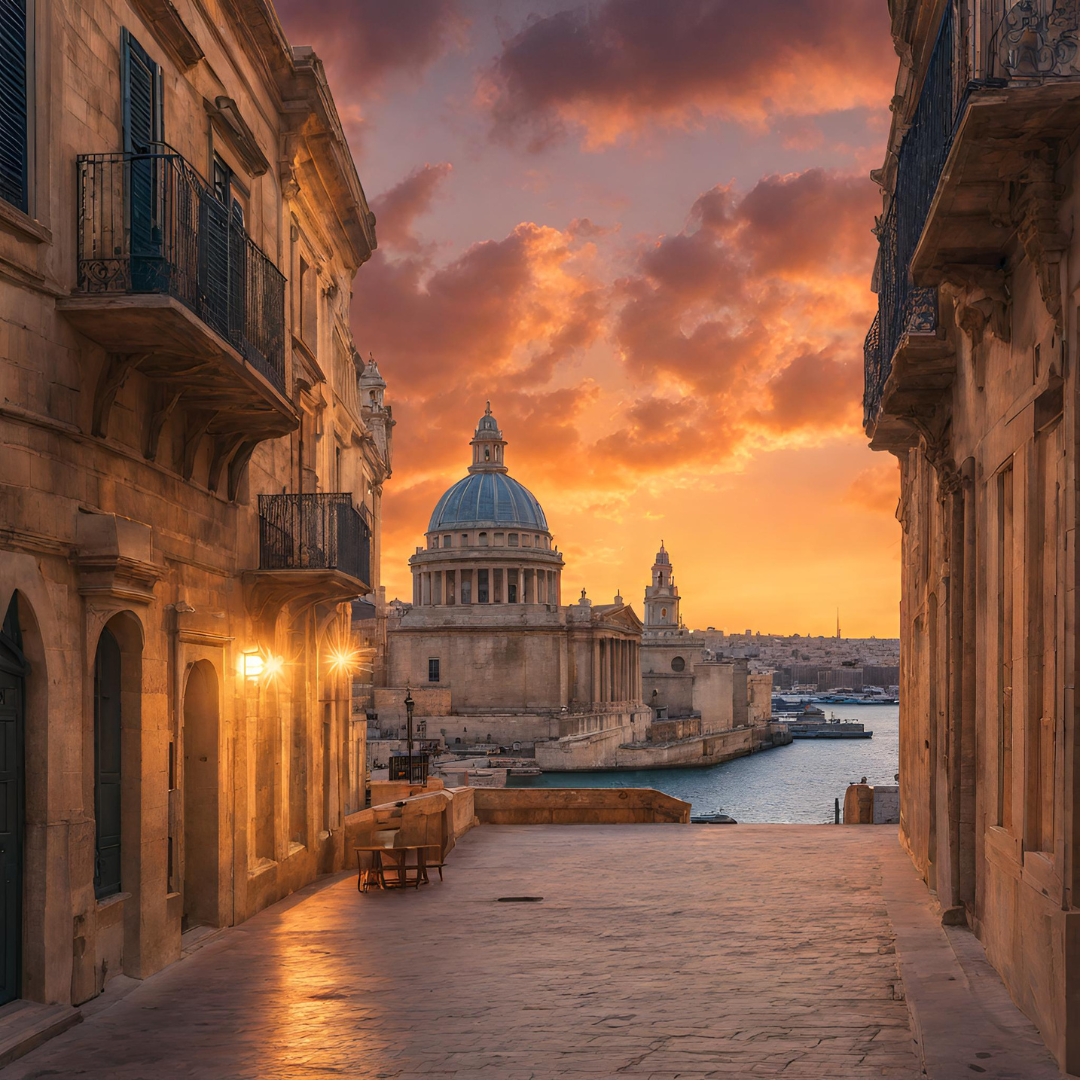 Create an image depicting a romantic sunset over the historic Valletta skyline, highlighting the unique baroque architecture, vibrant street life, and stunning waterfront views.